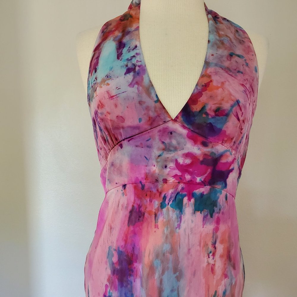 Silk halter Dress 10 12 14 large XL tie dye blue pink purple peach black red Med